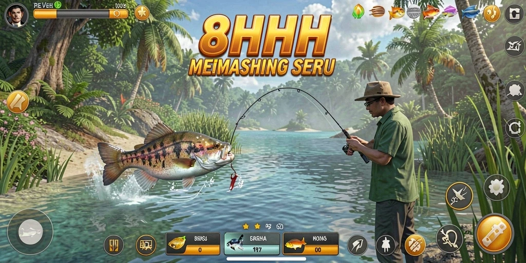 Screenshot gameplay 8HHH dengan aksi memancing yang seru.