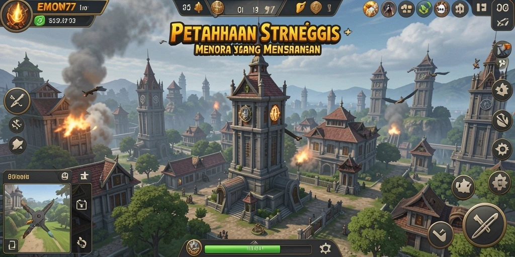 Screenshot gameplay EMON77 menampilkan aksi menara pertahanan yang seru.