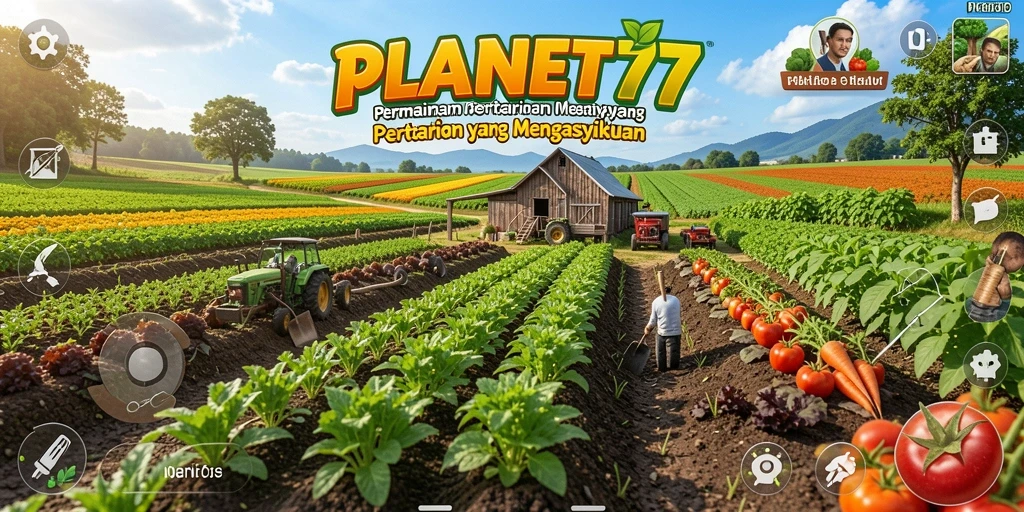 Tampilan gameplay seru dalam <strong>PLANET77</strong> saat bertani dan berkebun.