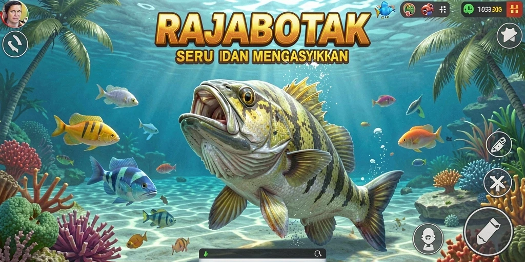 Tampilan gameplay seru di RAJABOTAK dengan banyak ikan warna-warni.