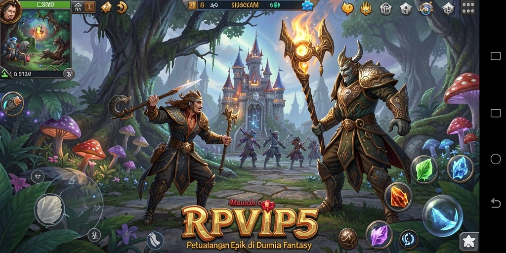 Tampilan gameplay RPVIP5 dengan karakter petualang di dunia yang fantastis.