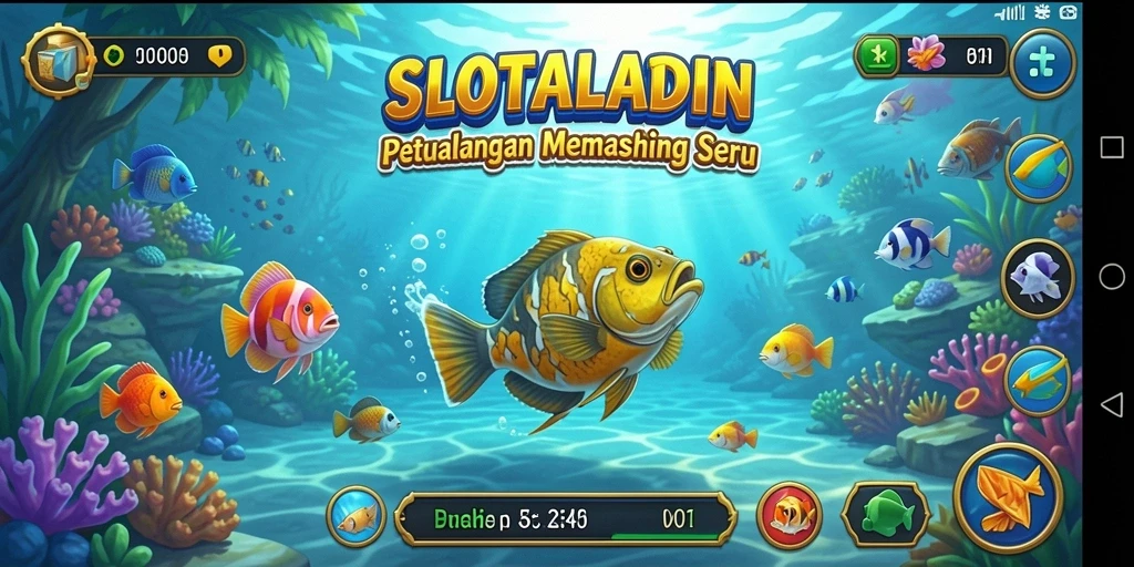 Tampilan gameplay SLOTALADIN menunjukkan aksi memancing yang seru dan interaktif.